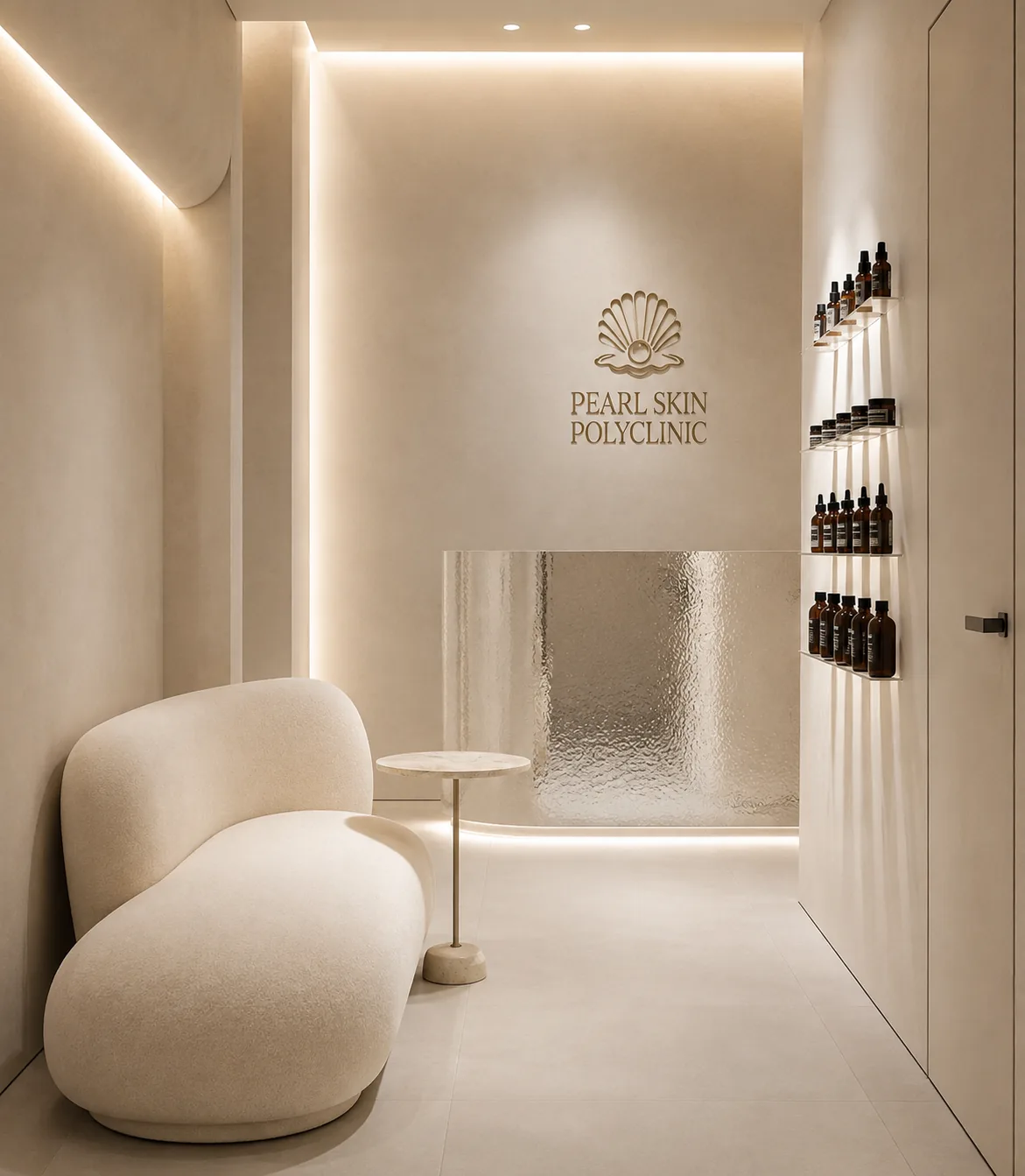 The reception area at Pearl Skin Polyclinic: a cream sofa and marble side table beside shelved skincare products and a lit alcove carrying the clinic name.