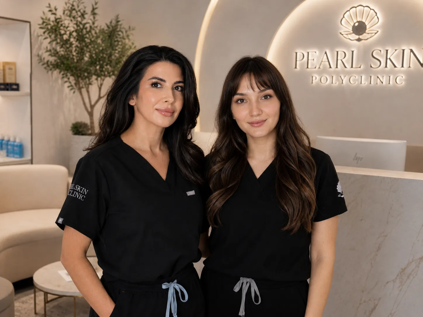 Two members of the Pearl Skin Polyclinic team in clinic uniform, standing in front of the lit arch carrying the clinic name.