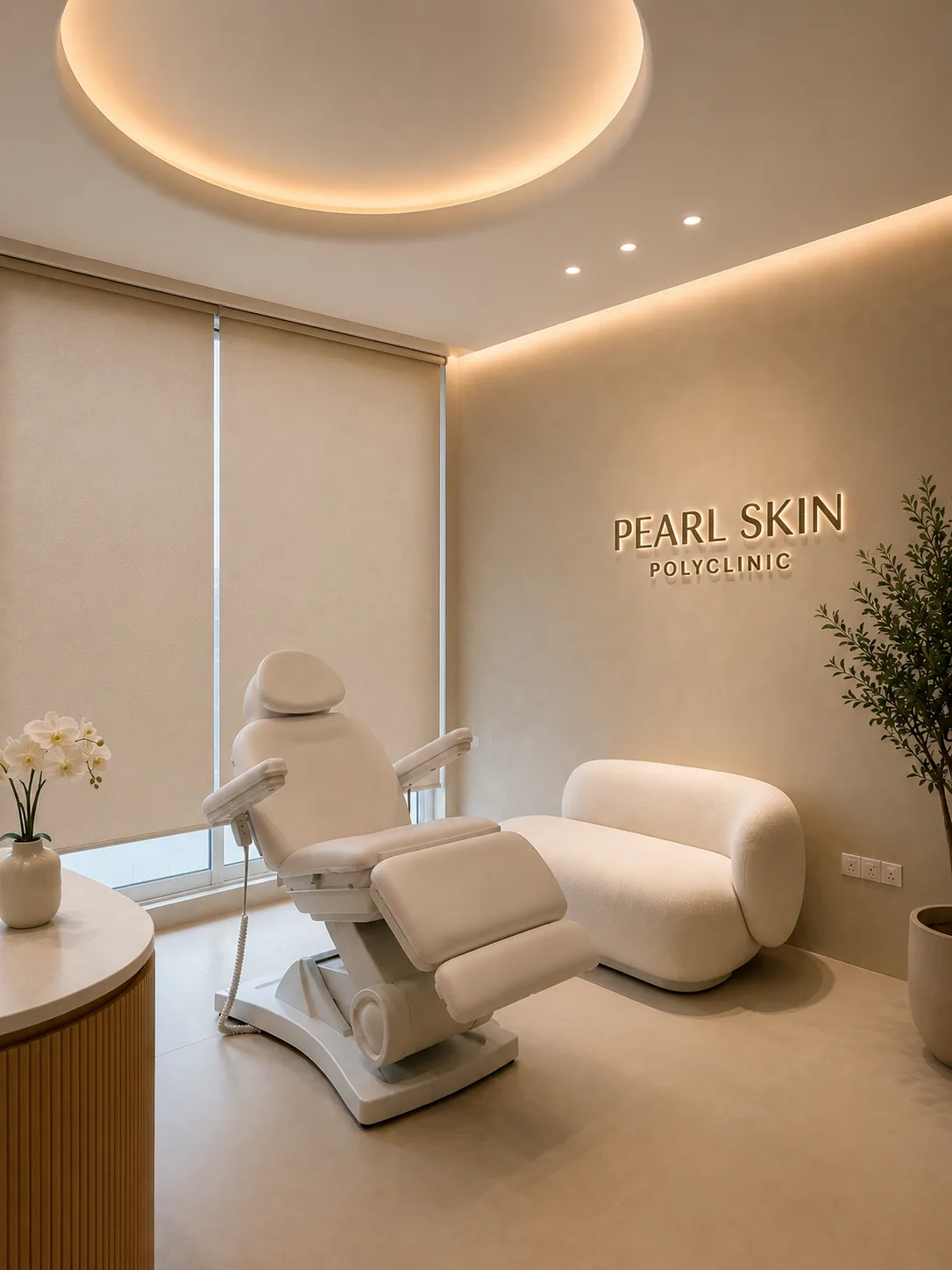 A treatment room at Pearl Skin Polyclinic, with a treatment chair, a sofa and an olive tree below the clinic name lit on the wall.