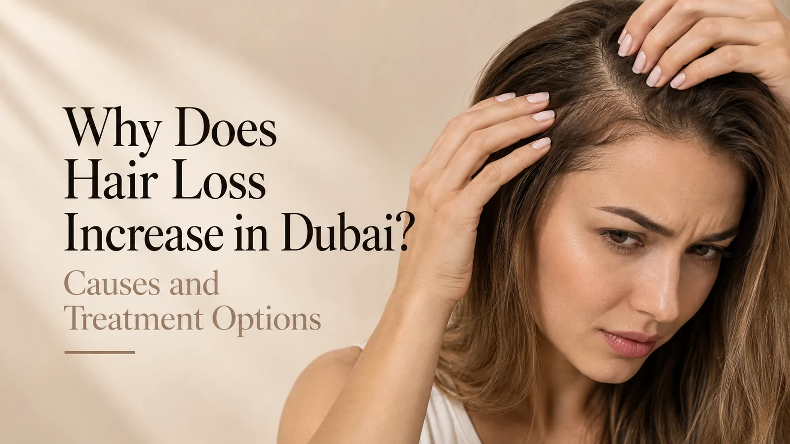 Article cover for hair loss in Dubai, showing a woman parting her hair to look at her scalp