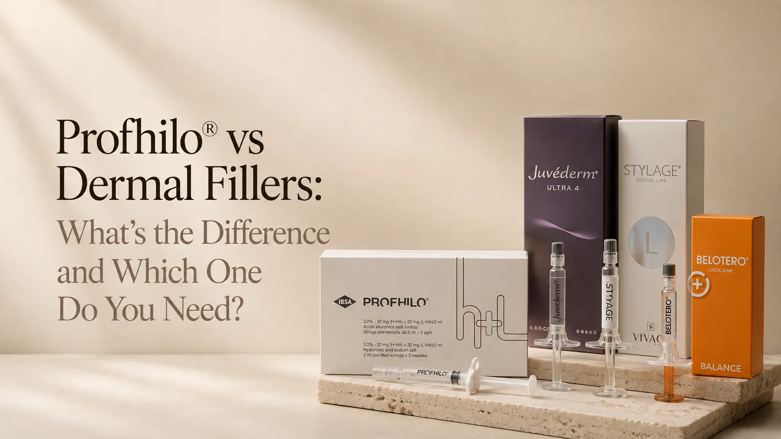 Article cover for Profhilo versus dermal fillers, with the product ranges photographed together