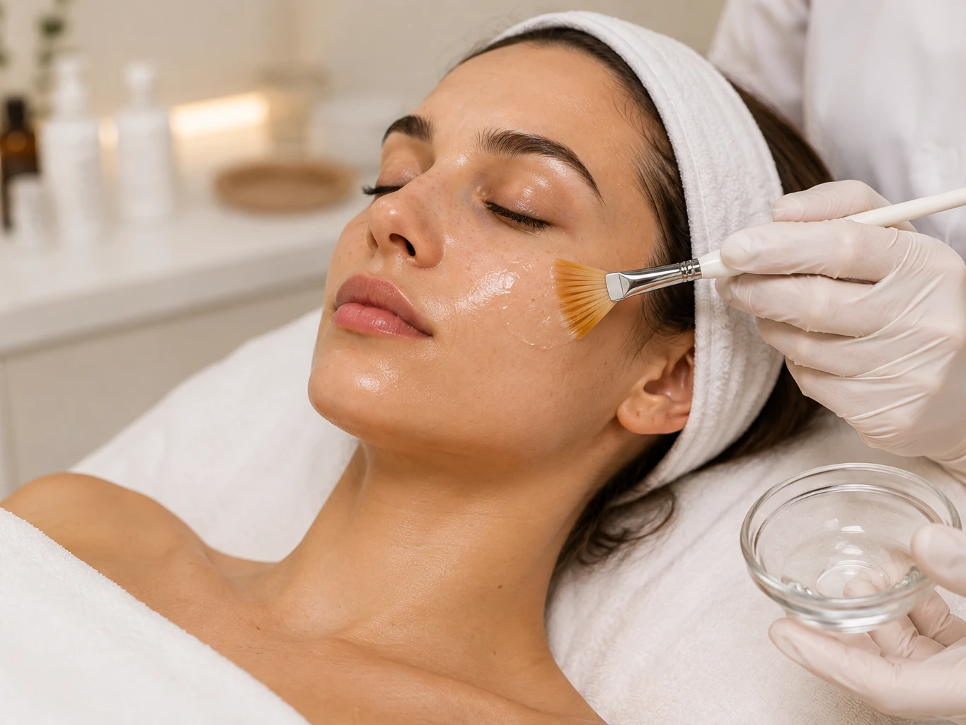 A peel solution being brushed onto a patient in a treatment room