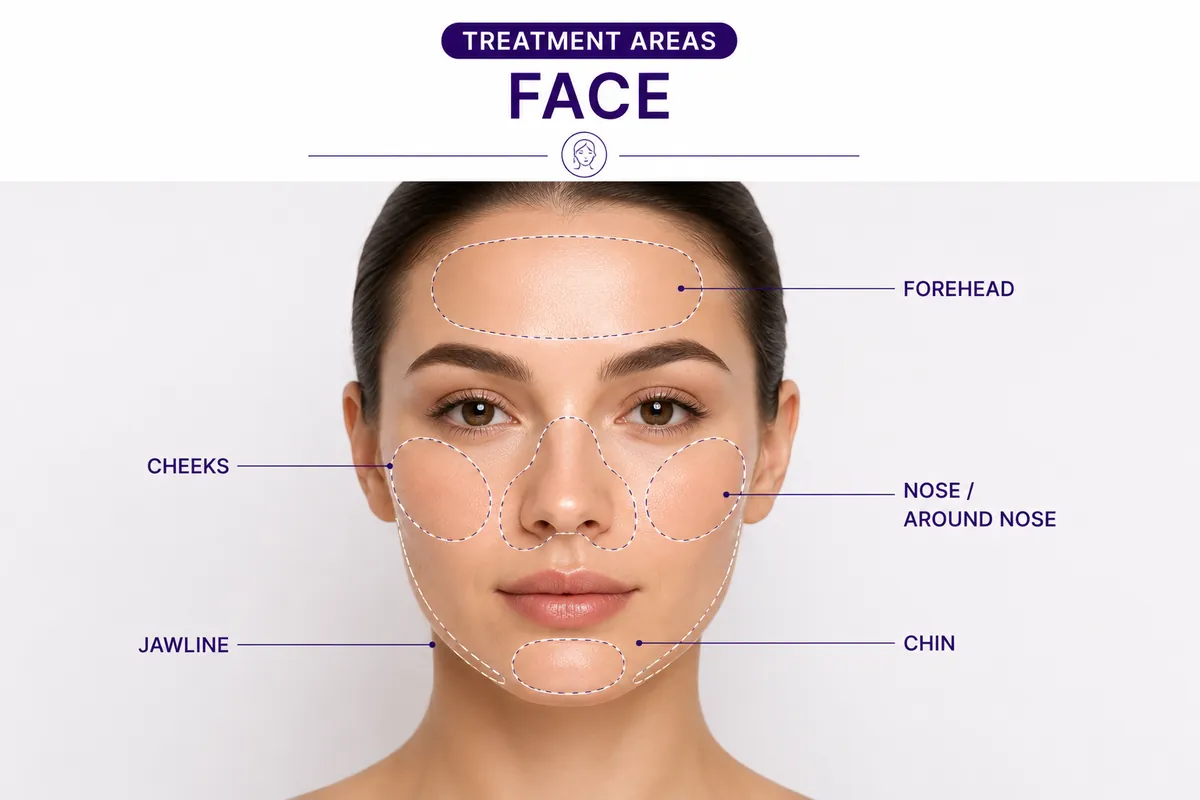 The facial treatment areas marked on a face