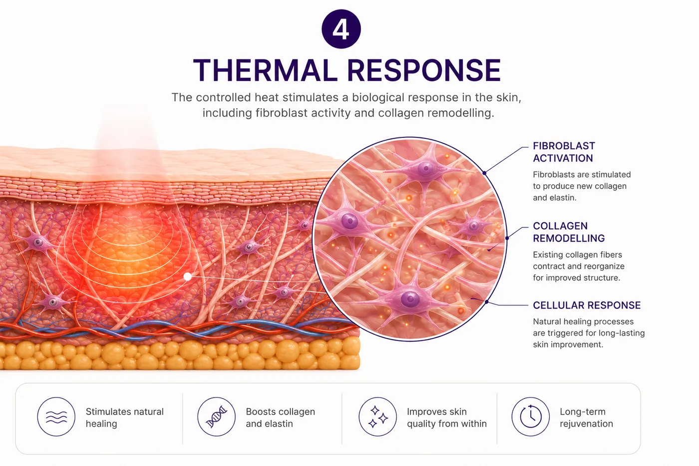 Step four, fibroblast activity and collagen remodelling shown in a magnified inset