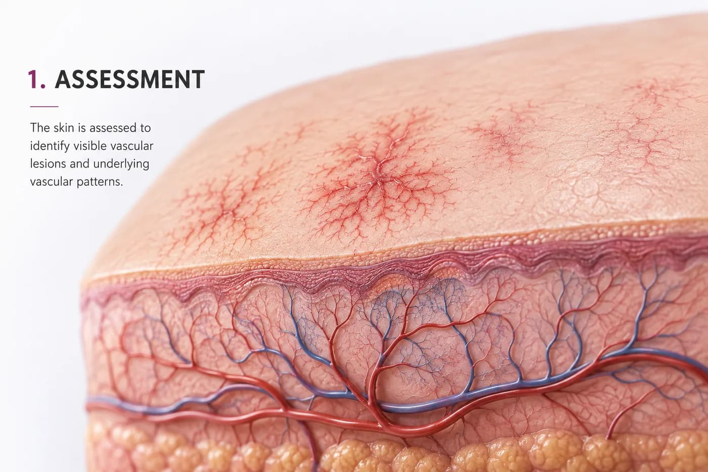 Step one, visible vascular patterns shown in a cross section of skin