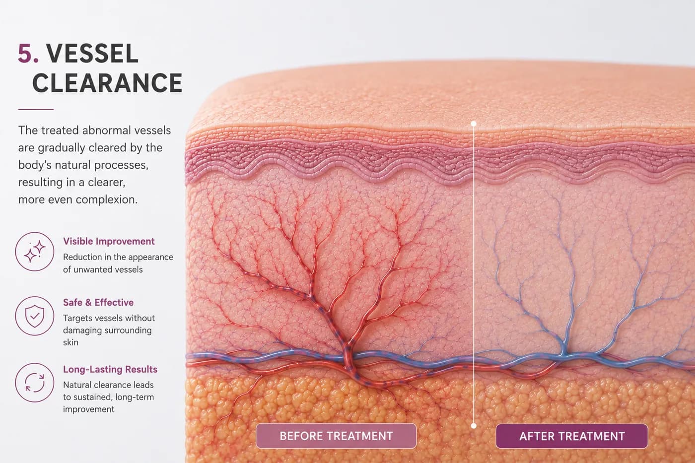Step five, treated vessels cleared from the skin over time