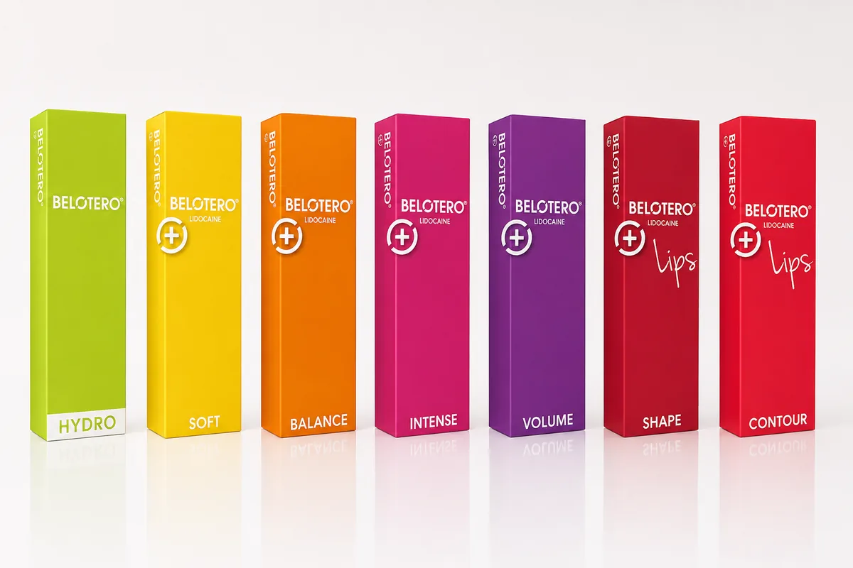 Seven boxes from the range in a row, on a white ground