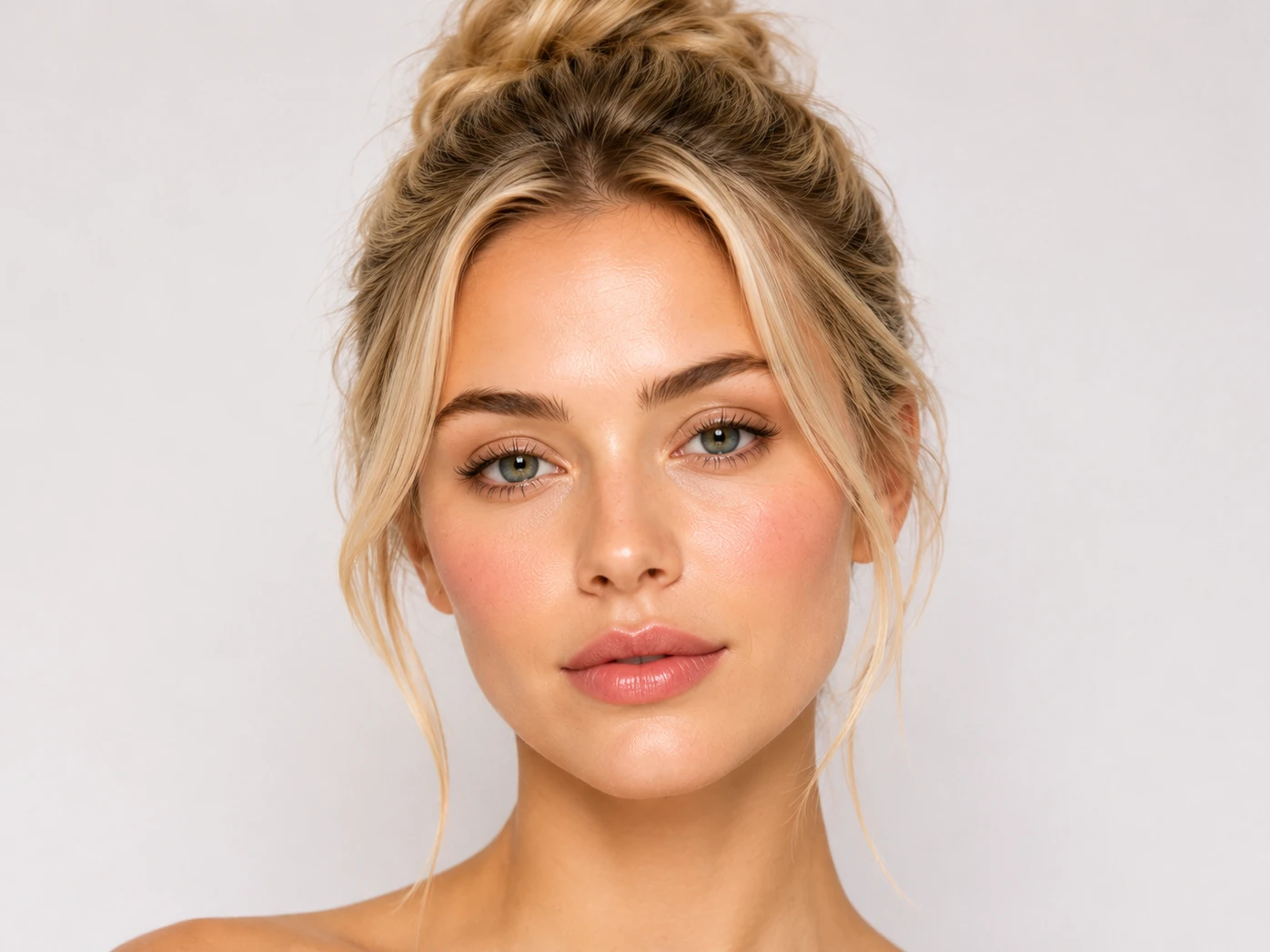 A portrait of a woman with a relaxed, unlined upper face