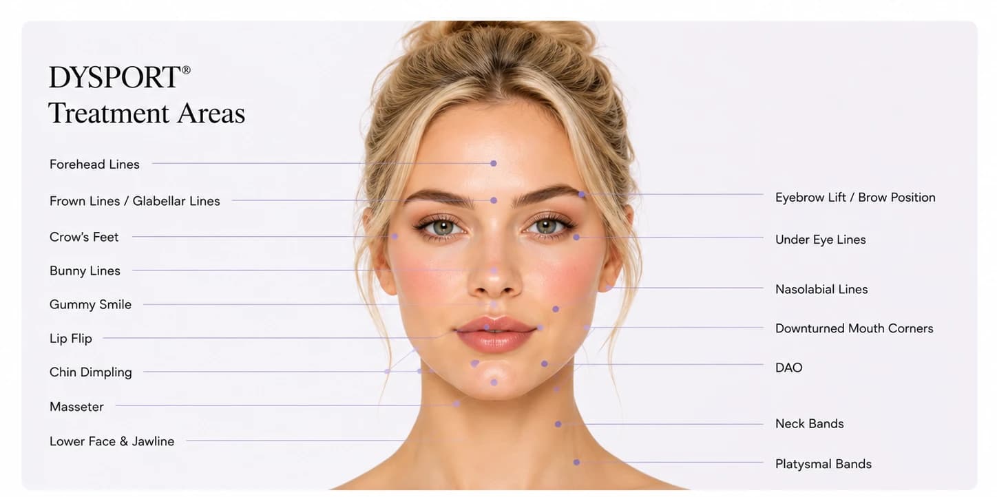 Her Dysport treatment areas diagram: a face with a leader line from each label to its point. Left: forehead lines, frown lines / glabellar lines, crow's feet, bunny lines, gummy smile, lip flip, chin dimpling, masseter, lower face and jawline. Right: eyebrow lift / brow position, under eye lines, nasolabial lines, downturned mouth corners, DAO, neck bands, platysmal bands.
