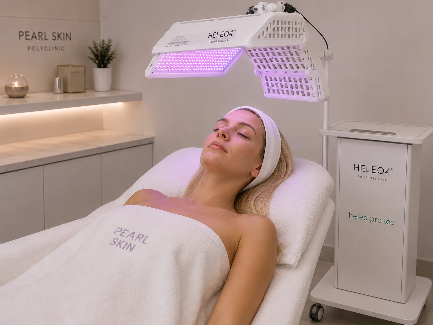 A patient under the HELEO PRO LED panel in a Pearl Skin treatment room