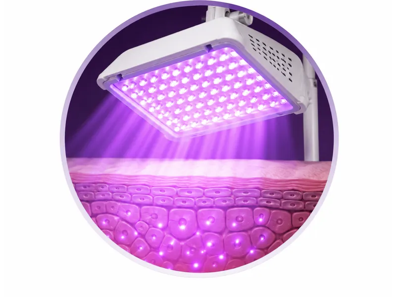 An LED panel delivering light onto a cross section of skin