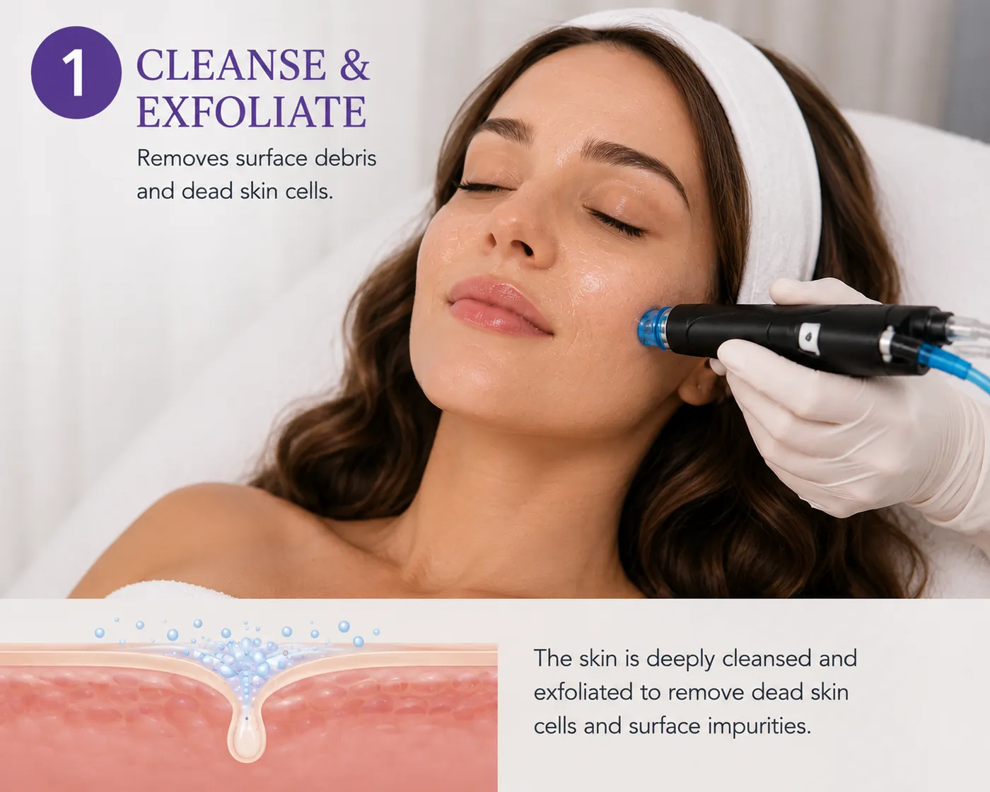 Step one, the handpiece cleansing and exfoliating the skin