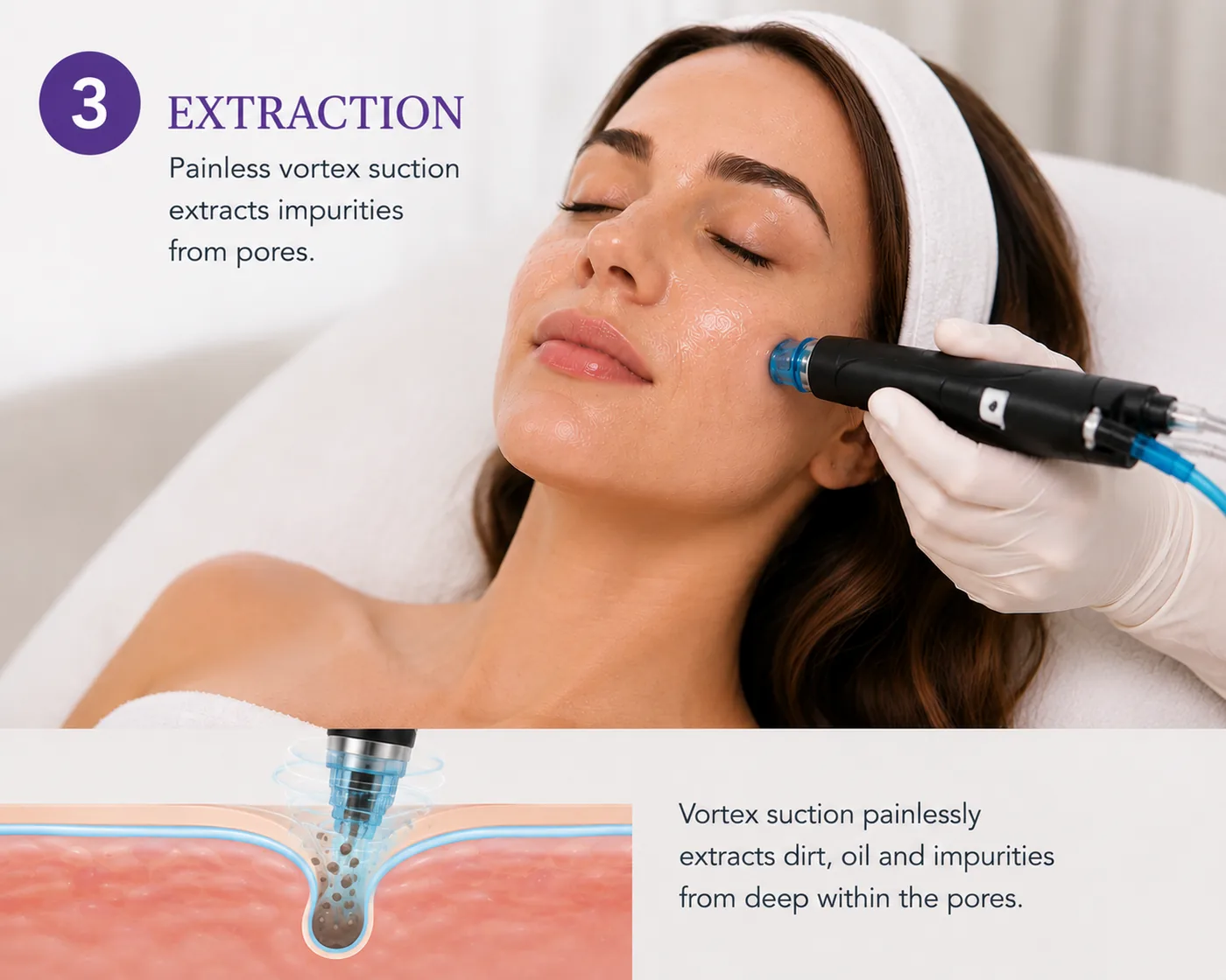 Step three, controlled vortex suction extracting impurities from a pore