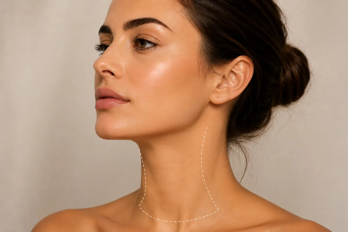 A face, neck and décolleté, with the treated area outlined