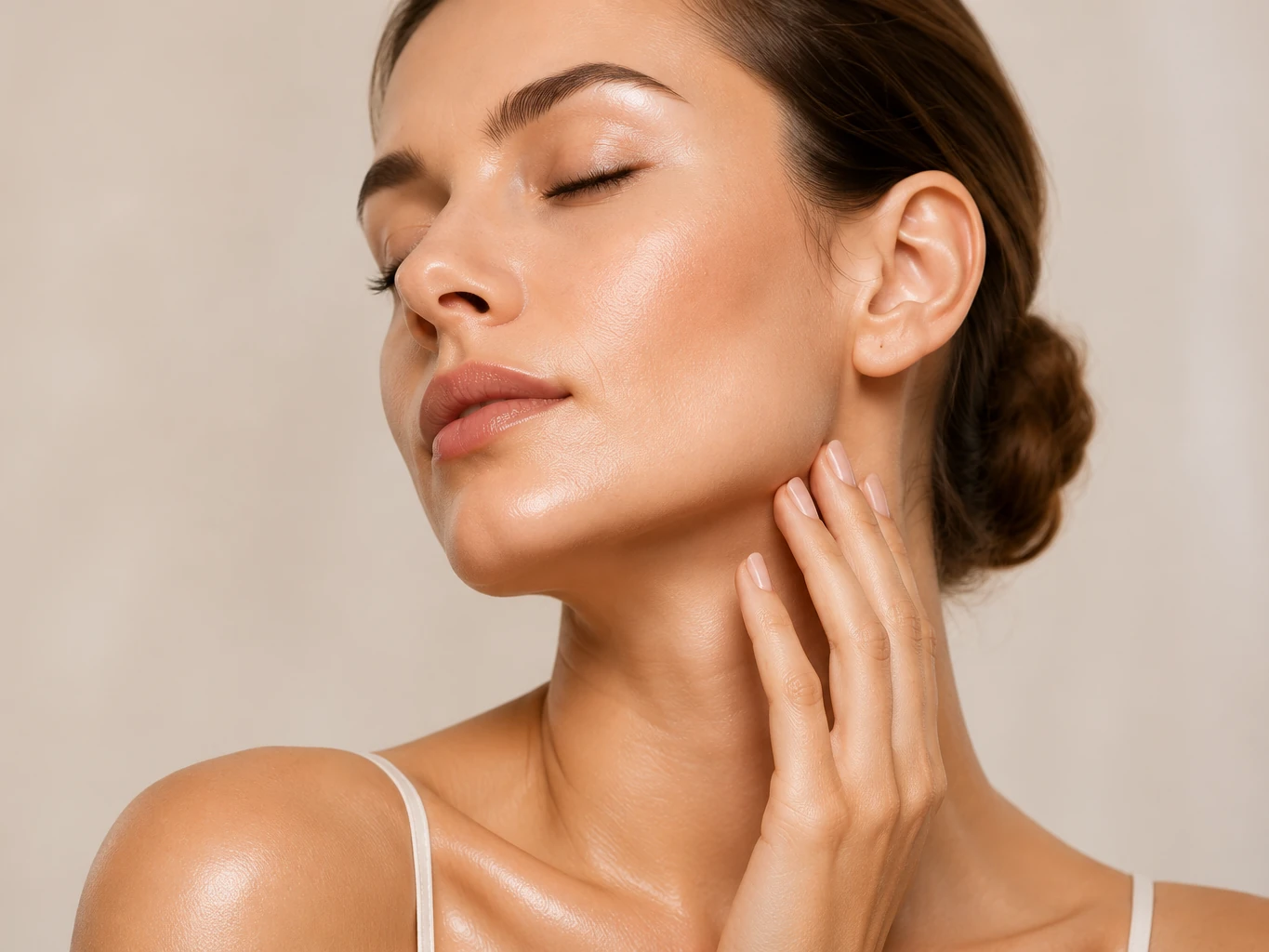 A close view of a face, neck and shoulder with even, hydrated skin