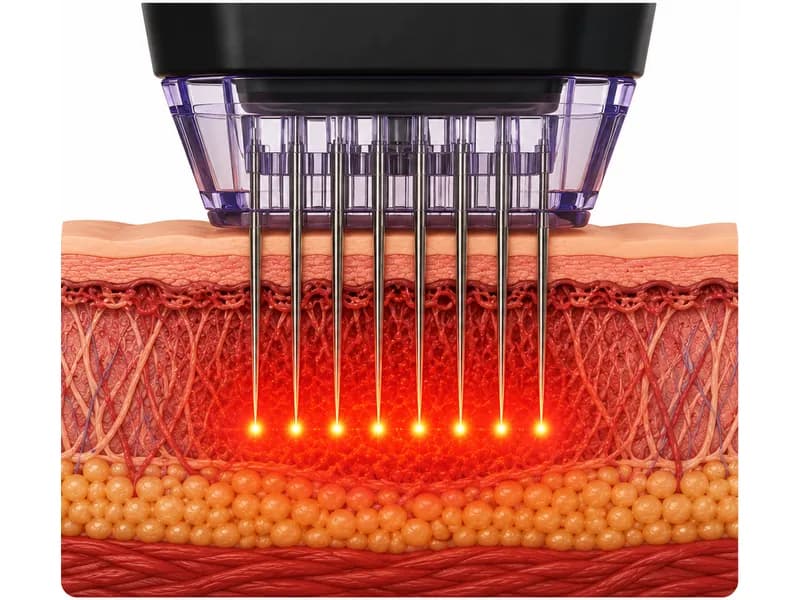 Cross section of skin showing radiofrequency energy delivered through the microneedle array