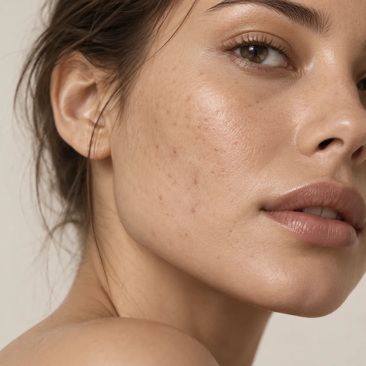 Face with uneven skin texture across the cheek