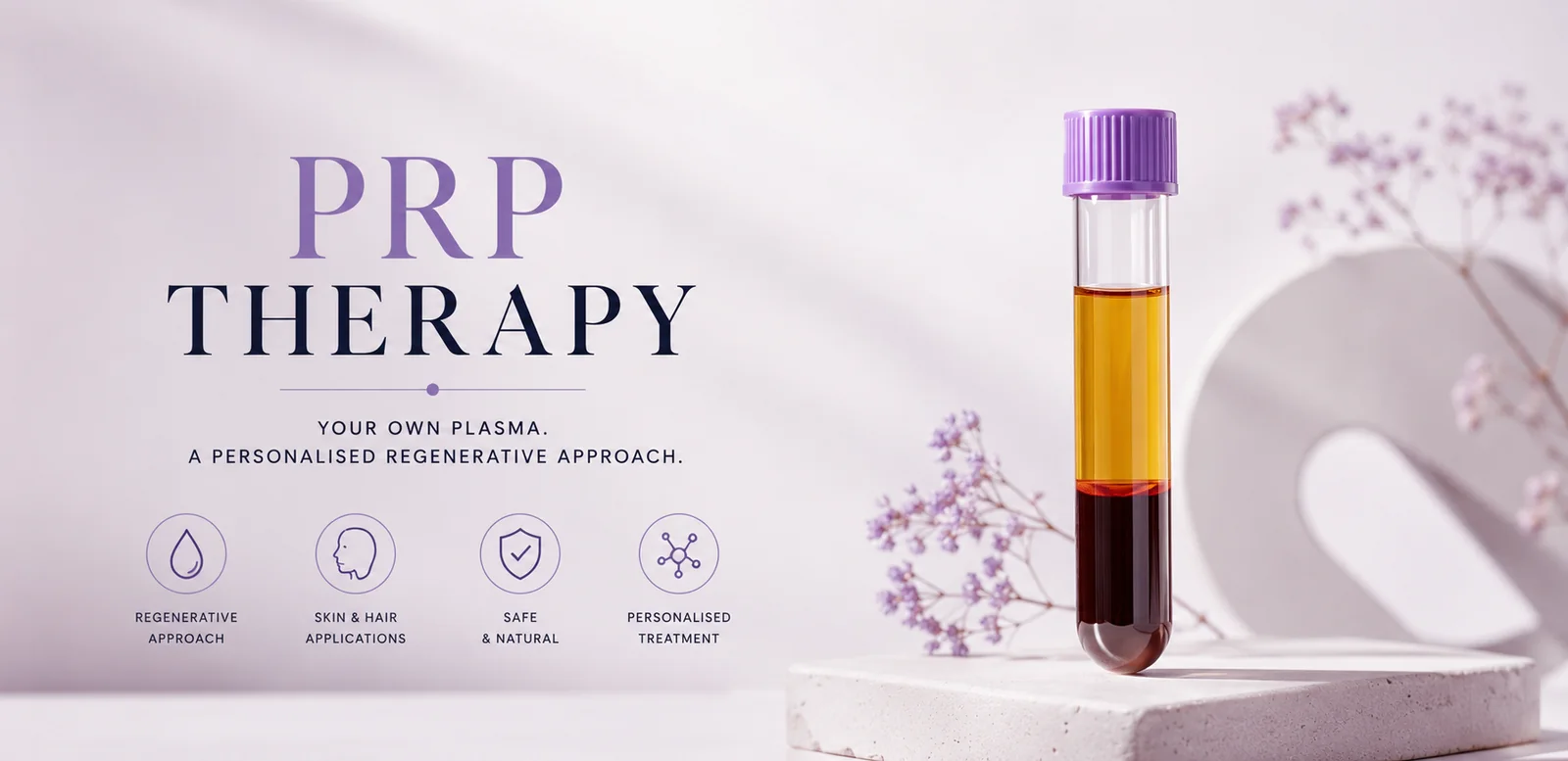 PRP Therapy: a tube of separated plasma on a plinth
