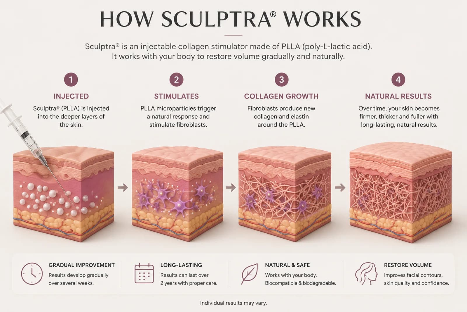 How Sculptra works: injected, stimulates, collagen growth, natural results